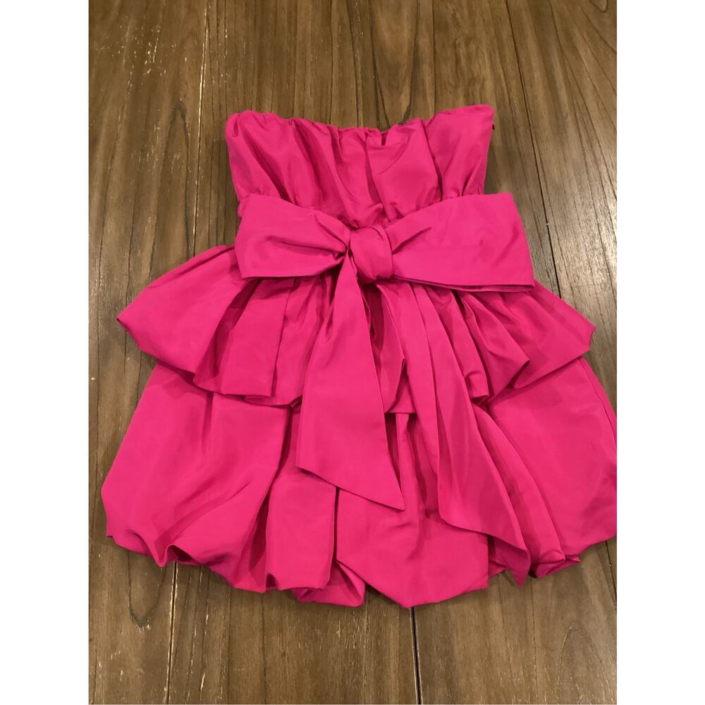 Love Shack Fancy Gallant bow Strapless Tiered Taffeta fuschia red Mini dress 6 - Picture 2 of 8